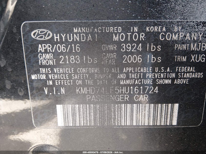 2017 Hyundai Elantra VIN KMHD74LF5HU161724 IAAI salvage auction — LEFT SIDE, Original (Texas), sold $650 on 2026-07-28 (photo 9)