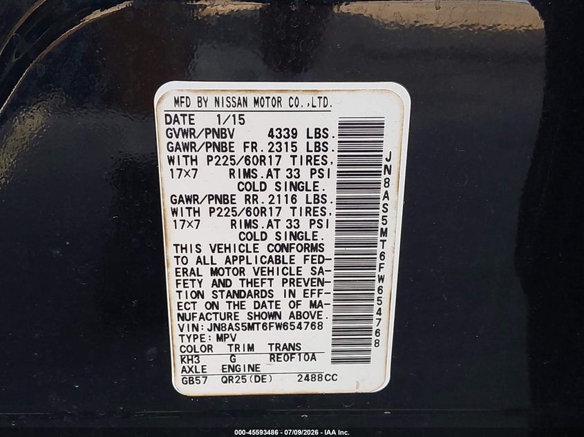2015 Nissan Rogue VIN JN8AS5MT6FW654768 IAAI salvage auction — NORMAL WEAR, Clear (Florida), sold $350 on 2026-07-29 (photo 9)