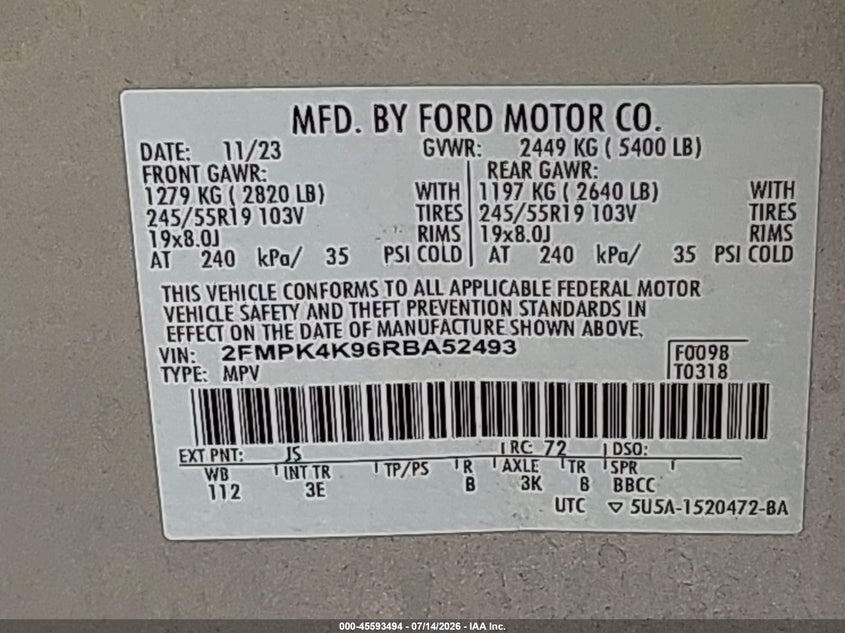 2024 Ford Edge VIN 2FMPK4K96RBA52493 IAAI salvage auction — SIDE, Enterprise Vehicles Clear Only (Florida), sold $9,700 on 2026-07-16 (photo 9)
