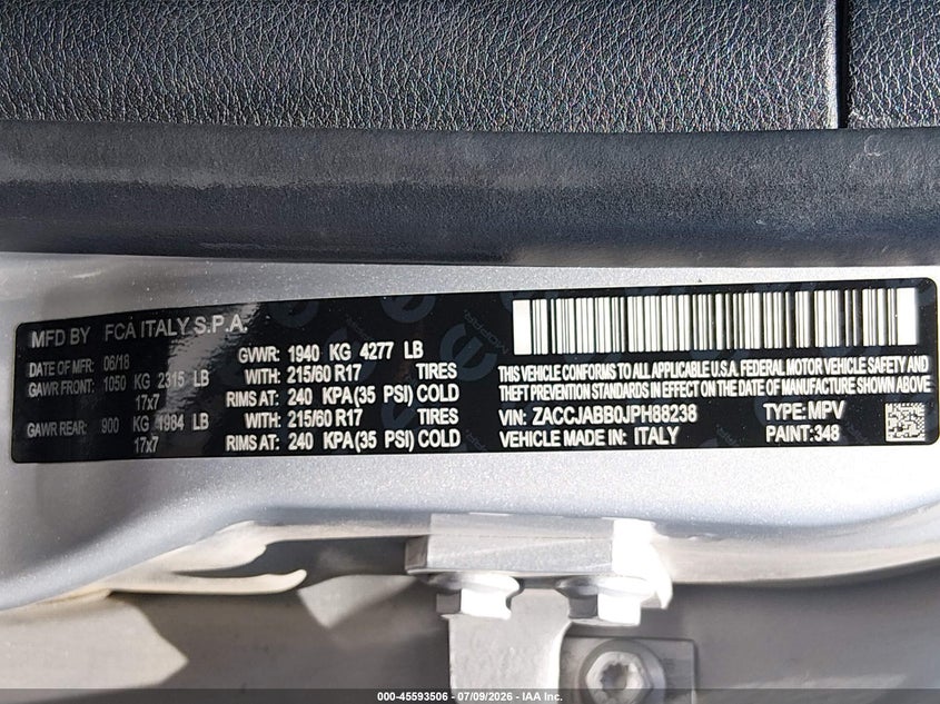 2018 Jeep Renegade VIN ZACCJABB0JPH88238 IAAI salvage auction — FRONT END, Salvage (Nevada), sold $2,100 on 2026-08-07 (photo 9)
