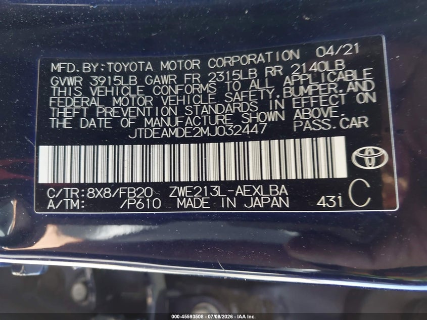 2021 Toyota Corolla VIN JTDEAMDE2MJ032447 IAAI salvage auction — RIGHT FRONT, Salvage Title, sold $4,400 on 2026-07-22 (photo 9)