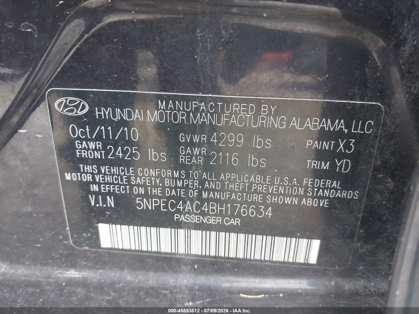 2011 Hyundai Sonata VIN 5NPEC4AC4BH176634 IAAI salvage auction — NORMAL WEAR, Clear (Maryland), sold $650 on 2026-07-30 (photo 9)