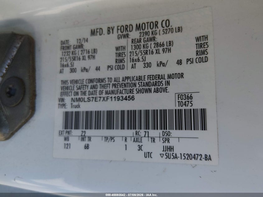 2015 Ford Transit VIN NM0LS7E7XF1193456 IAAI salvage auction — NORMAL WEAR, Clear-Dealer Only (Oregon), sold $1,250 on 2026-07-16 (photo 9)