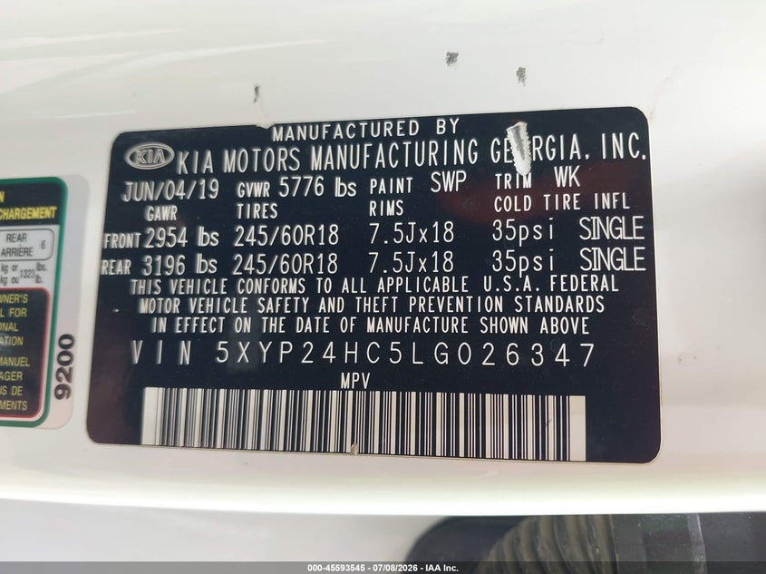 2020 Kia Telluride VIN 5XYP24HC5LG026347 IAAI salvage auction — REPOSSESSION, Original (Texas), sold $4,500 on 2026-07-28 (photo 9)