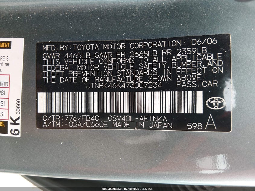 2007 Toyota Camry VIN JTNBK46K473007234 IAAI salvage auction — ROOF, Clear (New Jersey), sold $1,200 on 2026-07-23 (photo 9)
