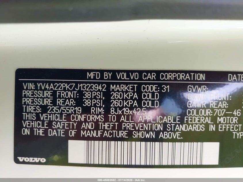 2018 Volvo Xc90 VIN YV4A22PK7J1323942 IAAI salvage auction — FRONT END, Salvage (North Carolina), sold $3,225 on 2026-08-06 (photo 9)