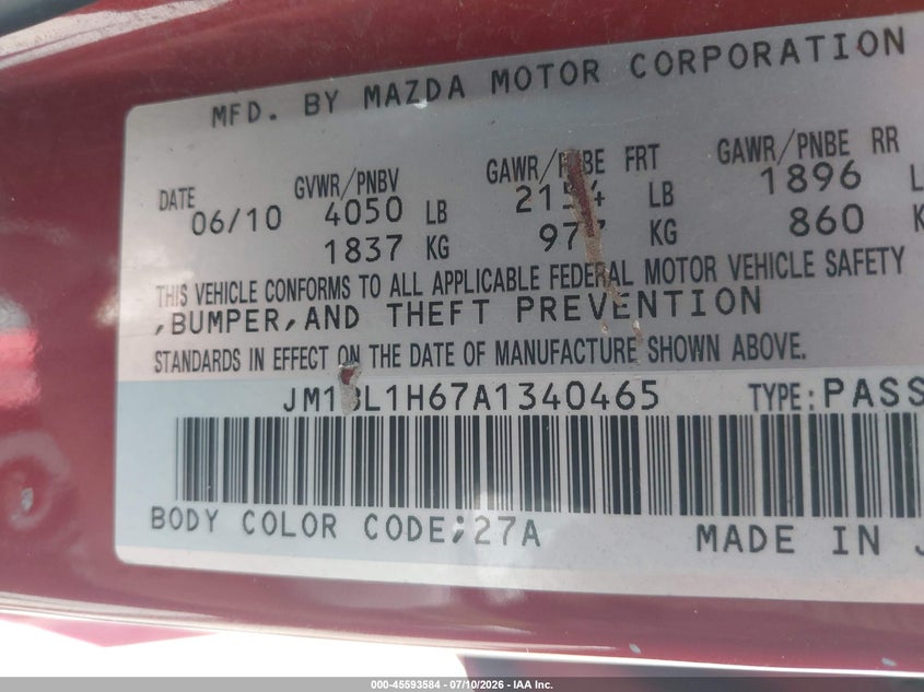 2010 Mazda 3 VIN JM1BL1H67A1340465 IAAI salvage auction — NORMAL WEAR, Clear (Utah), sold $325 on 2026-07-16 (photo 9)