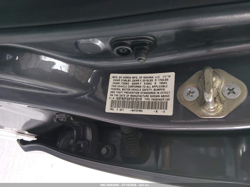 2015 Honda Civic VIN 19XFB2F53FE015319 IAAI salvage auction — FRESH WATER, Rebuildable (Florida), sold $1,975 on 2026-08-21 (photo 9)