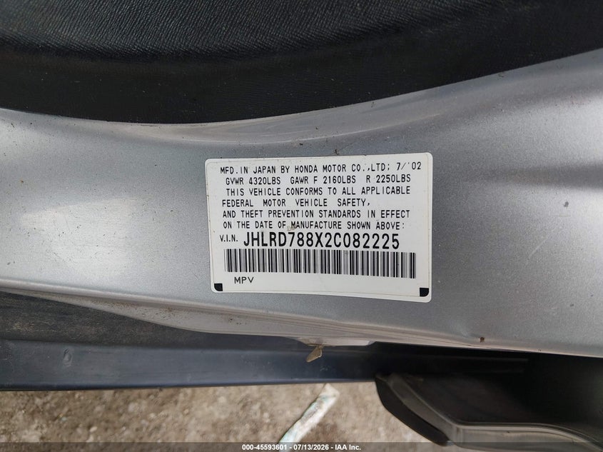 2002 Honda Cr-v VIN JHLRD788X23082225 IAAI salvage auction — RIGHT REAR, Clear (Virginia), sold $1,100 on 2026-07-24 (photo 9)
