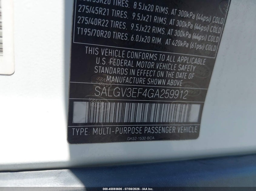 2016 Land rover RANGE ROVER VIN SALGV3EF4GA259912 IAAI salvage auction — UNKNOWN, Clear (Florida), sold $8,400 on 2026-07-27 (photo 9)