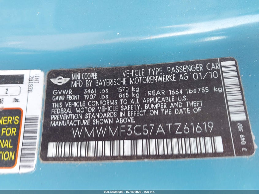 2010 Mini Cooper VIN WMWMF3C57ATZ61619 IAAI salvage auction — NORMAL WEAR, Clear (New Jersey), sold $425 on 2026-07-29 (photo 9)