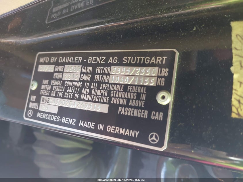 1986 Mercedes-benz 420 VIN WDBCA35D2GA269515 IAAI salvage auction — NORMAL WEAR, Clear (Massachusetts), sold $2,350 on 2026-07-17 (photo 9)
