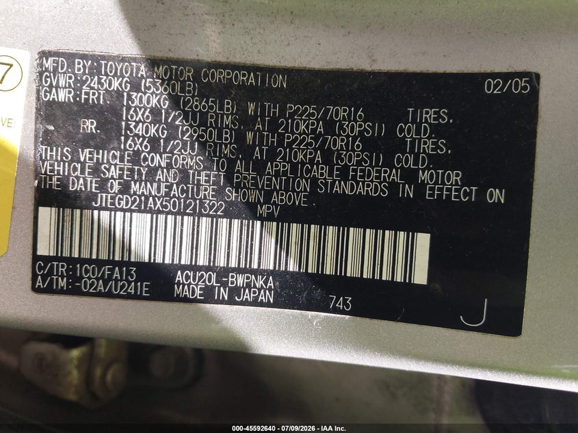 2005 Toyota Highlander VIN JTEGD21AX50121322 IAAI salvage auction — NORMAL WEAR, Clear - Dealer Only (California), sold $725 on 2026-07-30 (photo 9)