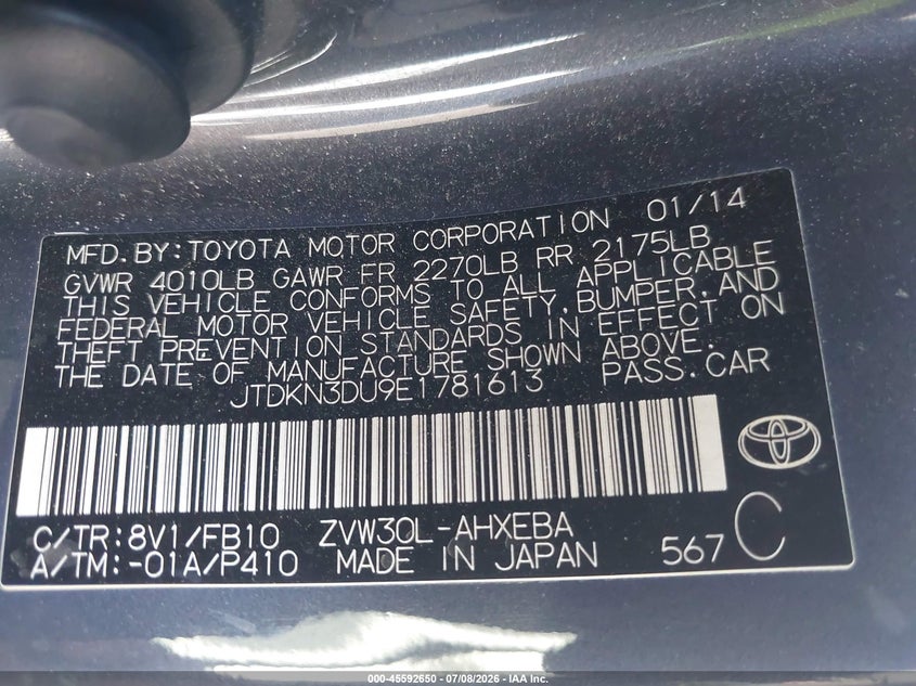 2014 Toyota Prius VIN JTDKN3DU9E1781613 IAAI salvage auction — FRONT END, Salvage (California), sold $1,275 on 2026-08-02 (photo 9)