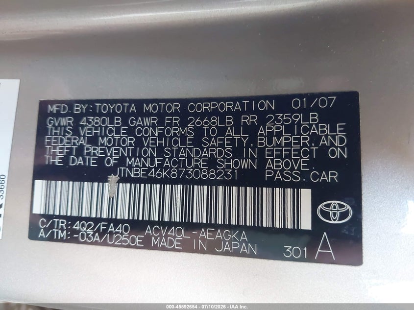 2007 Toyota Camry VIN JTNBE46K873088231 IAAI salvage auction — FRONT & REAR, Salvage (Arizona), sold $200 on 2026-07-28 (photo 9)