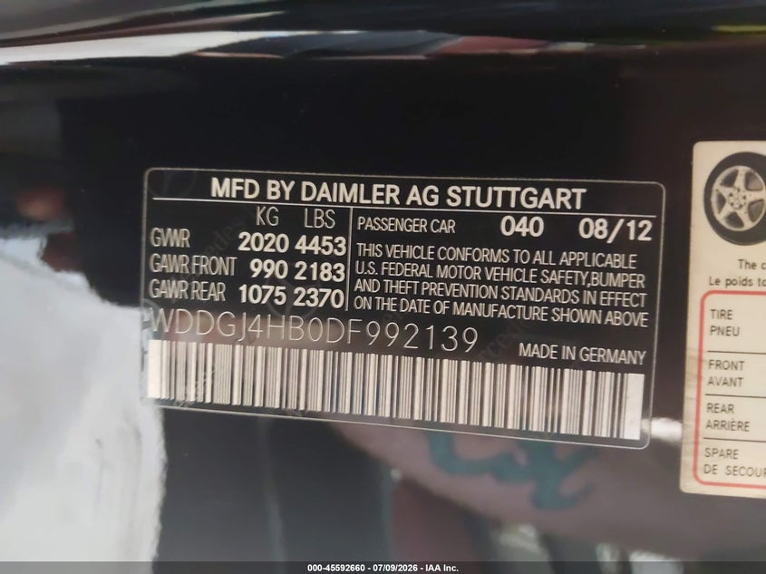 2013 Mercedes-benz C-klasse VIN WDDGJ4HB0DF992139 IAAI salvage auction — LEFT FRONT, Salvage (North Carolina), sold $1,050 on 2026-08-13 (photo 9)