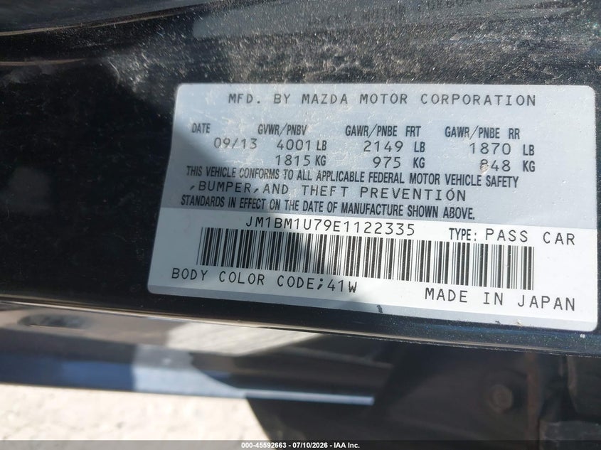2014 Mazda 3 VIN JM1BM1U79E1122335 IAAI salvage auction — RIGHT FRONT, Wait Title, sold $850 on 2026-08-02 (photo 9)
