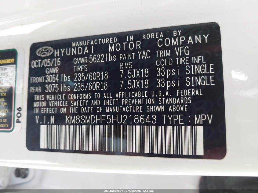 2017 Hyundai Santa fe VIN KM8SMDHF5HU218643 IAAI salvage auction — NORMAL WEAR, Clear (Washington), sold $2,250 on 2026-07-22 (photo 9)
