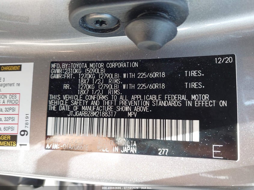 2021 Lexus Nx VIN JTJGARBZ8M2188317 IAAI salvage auction — SIDE, Salvage (California), sold $8,900 on 2026-07-28 (photo 9)
