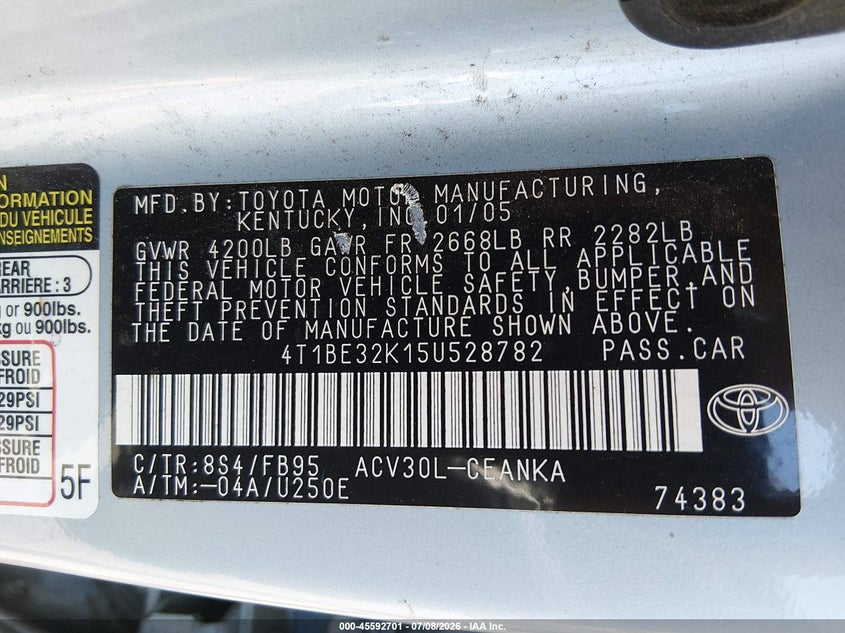 2005 Toyota Camry VIN 4T1BE32K15U528782 IAAI salvage auction — NORMAL WEAR, Clear-Dealer Only (Oregon), sold $175 on 2026-07-09 (photo 9)
