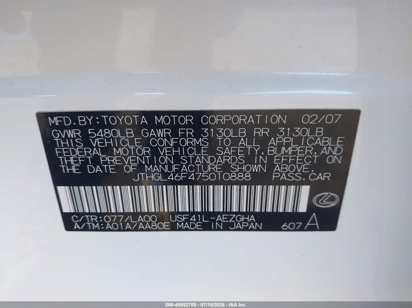 2007 Lexus Ls VIN JTHGL46F475010888 IAAI salvage auction — RIGHT FRONT, Salvage Certificate (California), sold $1,300 on 2026-07-24 (photo 9)