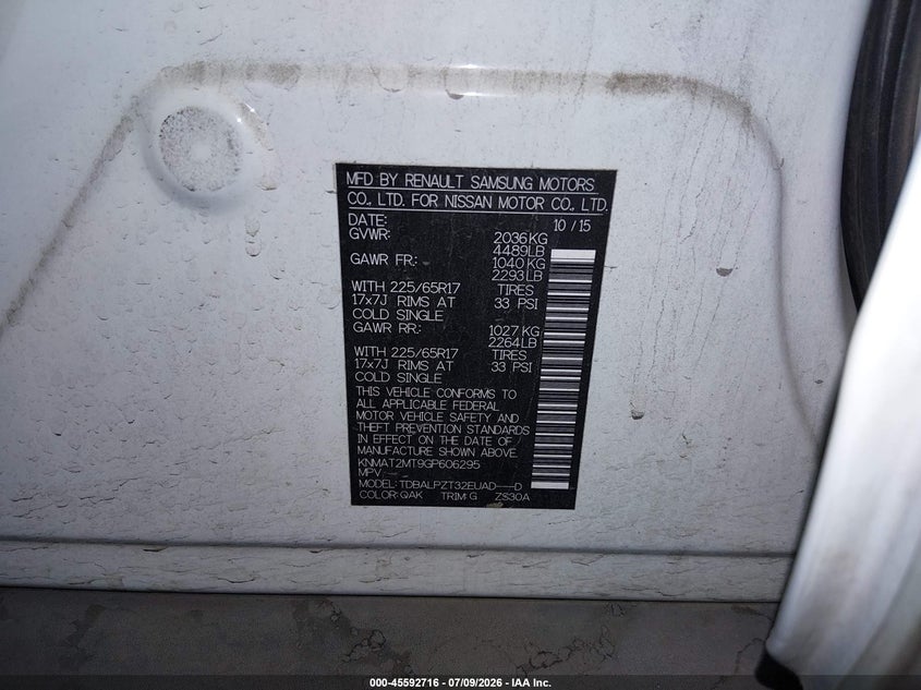 2016 Nissan Rogue VIN KNMAT2MT9GP606295 IAAI salvage auction — FRONT END, Salvage Title, sold $200 on 2026-07-28 (photo 9)