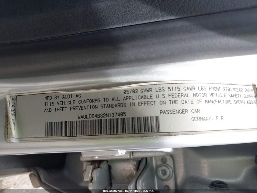 2002 Audi A6 VIN WAULD64B32N137405 IAAI salvage auction — NORMAL WEAR, Clear (Florida), sold $325 on 2026-07-29 (photo 9)