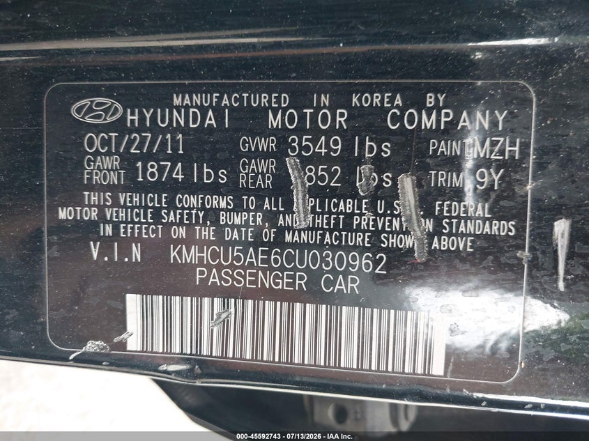 2012 Hyundai Accent VIN KMHCU5AE6CU030962 IAAI salvage auction — FRONT END, Salvage Certificate (California), sold $1,050 on 2026-07-22 (photo 9)