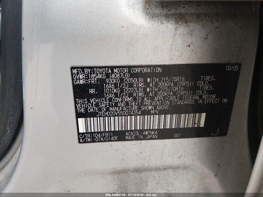 2005 Toyota Rav4 VIN JTEHD20V550074354 IAAI salvage auction — NORMAL WEAR, Clear (New Jersey), sold $550 on 2026-07-27 (photo 9)