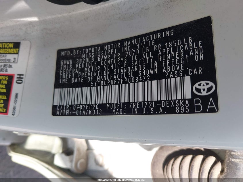 2017 Toyota Corolla VIN 5YFBURHE7HP608472 IAAI salvage auction — THEFT, Salvage (California), sold $3,800 on 2026-07-30 (photo 9)