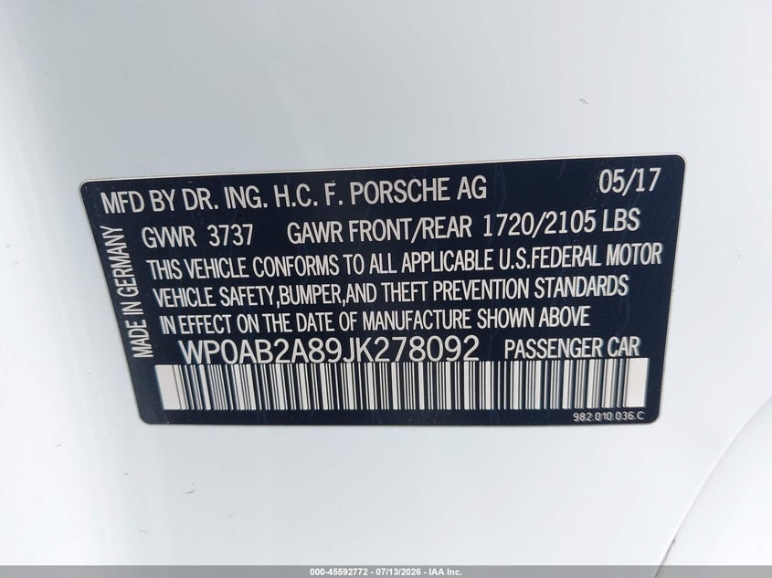 2018 Porsche 718 cayman VIN WP0AB2A89JK278092 IAAI salvage auction — FRONT END, Salvage (Arizona), sold $5,600 on 2026-07-29 (photo 9)