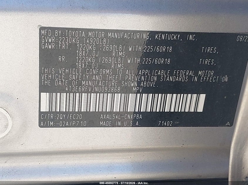 2022 Toyota Rav 4 VIN 4T3E6RFV3NU093868 IAAI salvage auction — RIGHT REAR, Bill Of Sale (Washington), sold $11,900 on 2026-07-29 (photo 9)