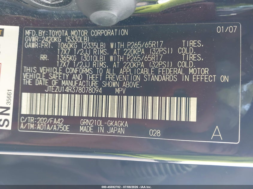 2007 Toyota 4runner VIN JTEZU14R378078094 IAAI salvage auction — NORMAL WEAR, Clear (Tennessee), sold $2,375 on 2026-07-30 (photo 9)