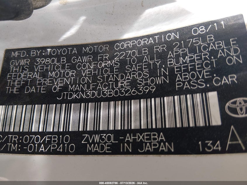 2011 Toyota Prius VIN JTDKN3DU3B0326399 IAAI salvage auction — NORMAL WEAR, Clear (Colorado), sold $1,050 on 2026-07-28 (photo 9)