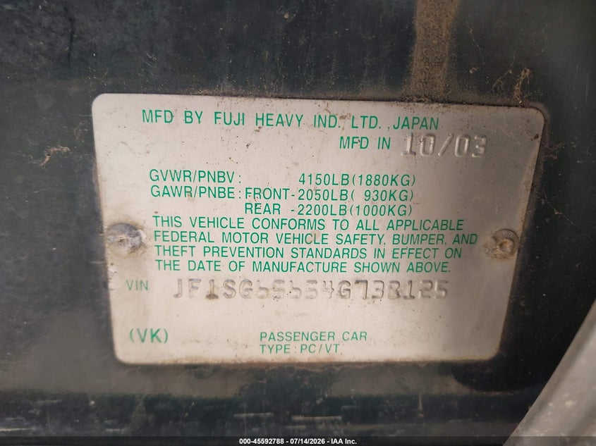 2004 Subaru Forester VIN JF1SG65654G738125 IAAI salvage auction — NORMAL WEAR, Clear (New York), sold $25 on 2026-07-28 (photo 9)