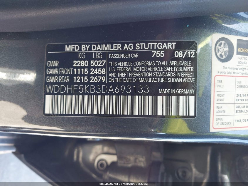 2013 Mercedes-benz E-klasse VIN WDDHF5KB3DA693133 IAAI salvage auction — NORMAL WEAR, Clear - Dealer Only (California), sold $625 on 2026-07-29 (photo 9)