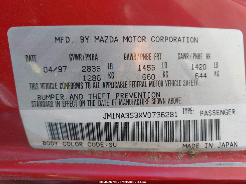 1997 Mazda Mx-5 miata VIN JM1NA353XV0736281 IAAI salvage auction — NORMAL WEAR, Clear - Dealer Only (California), sold $25 on 2026-07-21 (photo 9)