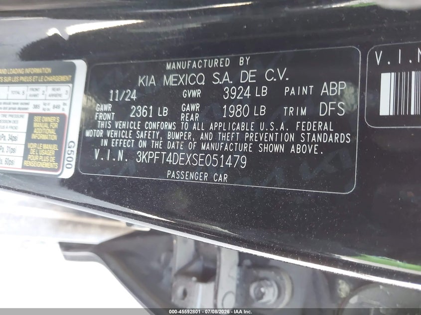 2025 Kia K4 VIN 3KPFT4DEXSE051479 IAAI salvage auction — REAR END, Salvage (Arizona), sold $7,125 on 2026-08-19 (photo 9)