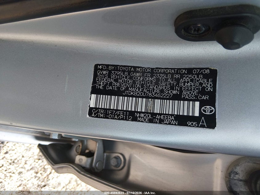2008 Toyota Prius VIN JTDKB20U783462227 IAAI salvage auction — FRONT END, Salvage - Greater Than 75% (Maryland), sold $25 on 2026-07-29 (photo 9)