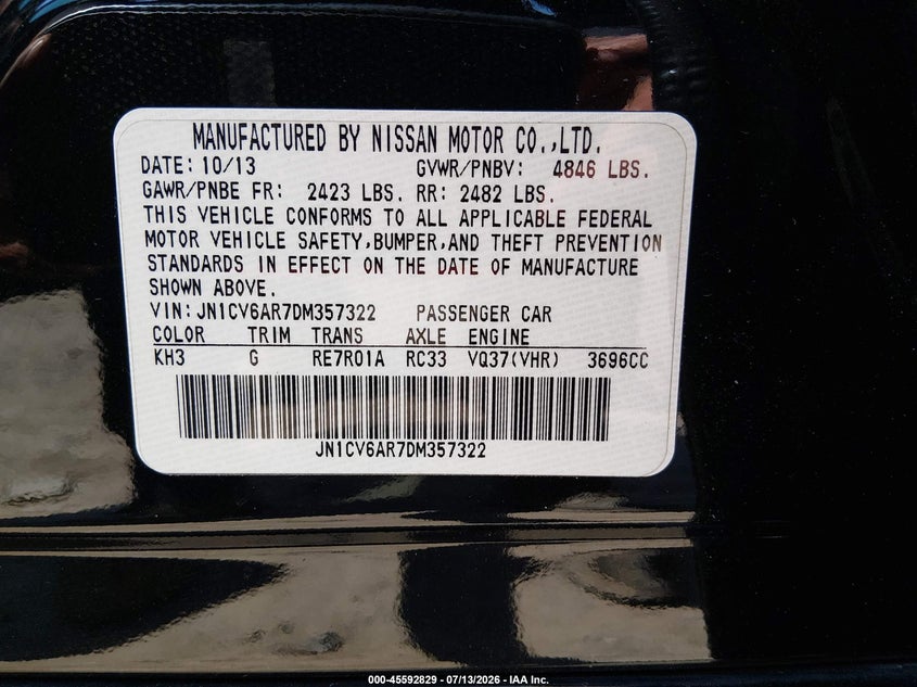2013 Infiniti G VIN JN1CV6AR7DM357322 IAAI salvage auction — UNKNOWN, Salvage Title, sold $1,300 on 2026-07-18 (photo 9)