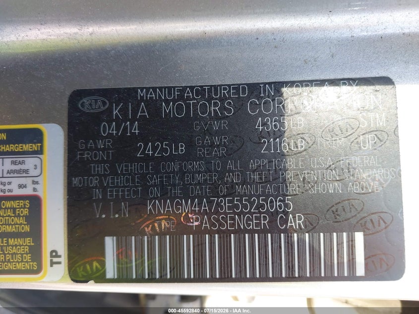 2014 Kia Optima VIN KNAGM4A73E5525065 IAAI salvage auction — NORMAL WEAR, Clear-Endorsement (Wisconsin), sold $25 on 2026-07-29 (photo 9)
