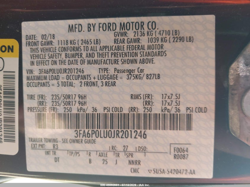 2018 Ford Fusion VIN 3FA6P0LU0JR201246 IAAI salvage auction — LEFT SIDE, Wait Title, sold $2,450 on 2026-08-25 (photo 9)