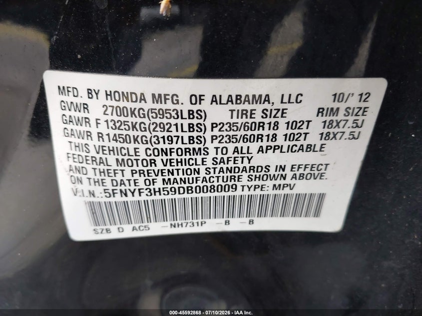 2013 Honda Pilot VIN 5FNYF3H59DB008009 IAAI salvage auction — NORMAL WEAR, Salvage Title, sold $375 on 2026-07-19 (photo 9)