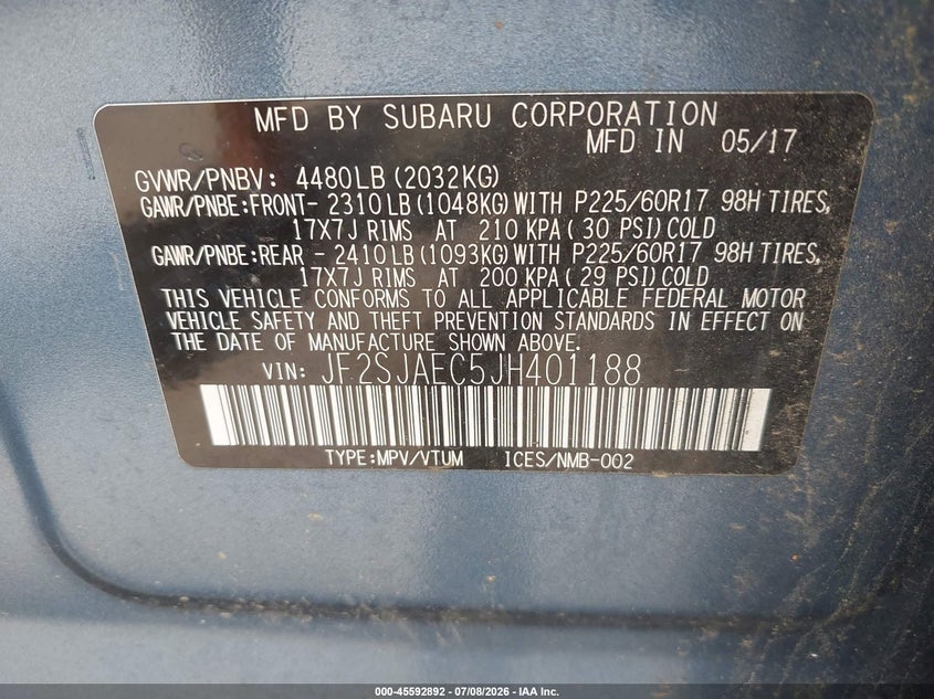 2018 Subaru Forester VIN JF2SJAEC5JH401188 IAAI salvage auction — NORMAL WEAR, Clear (North Carolina), sold $2,975 on 2026-07-31 (photo 9)