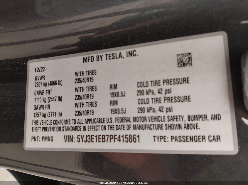 2023 Tesla Model 3 VIN 5YJ3E1EB7PF415861 IAAI salvage auction — REAR END, Salvage (Connecticut), sold $8,600 on 2026-07-26 (photo 9)