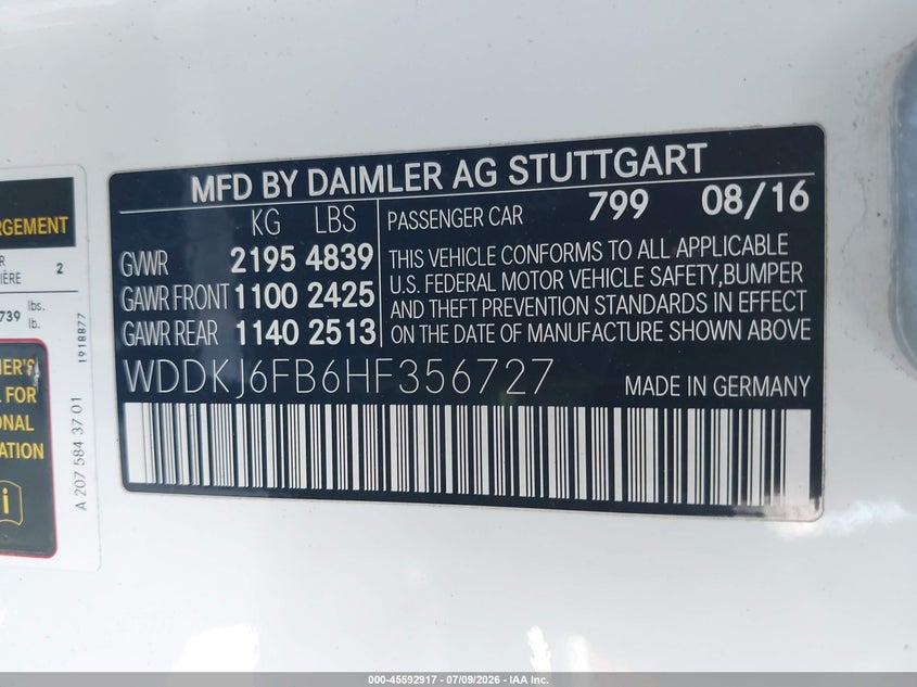 2017 Mercedes-benz E-klasse VIN WDDKJ6FB6HF356727 IAAI salvage auction — REPOSSESSION, Clear - Dealer Only (California), sold $3,975 on 2026-07-22 (photo 9)