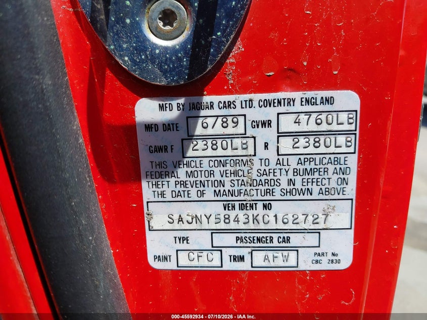 1989 Jaguar Xj series VIN SAJNY5843KC162727 IAAI salvage auction — NORMAL WEAR, Clear - Dealer Only (California), sold $200 on 2026-07-22 (photo 9)