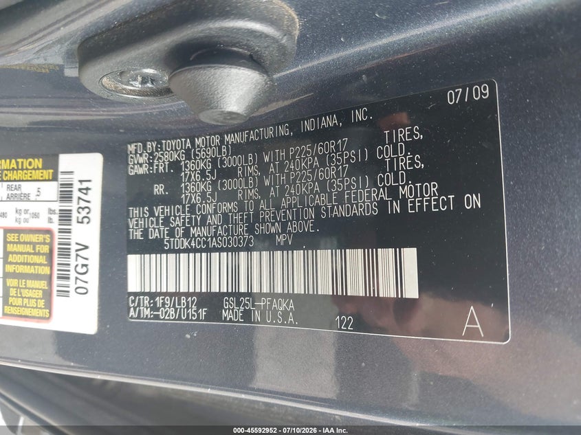 2010 Toyota Sienna VIN 5TDDK4CC1AS030373 IAAI salvage auction — NORMAL WEAR, Clear (New York), sold $825 on 2026-07-28 (photo 9)