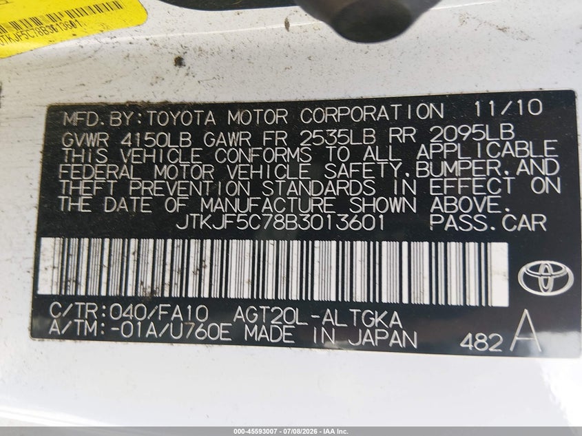 2011 Scion Tc VIN JTKJF5C78B3013601 IAAI salvage auction — NORMAL WEAR, Clear (Washington), sold $425 on 2026-07-29 (photo 9)