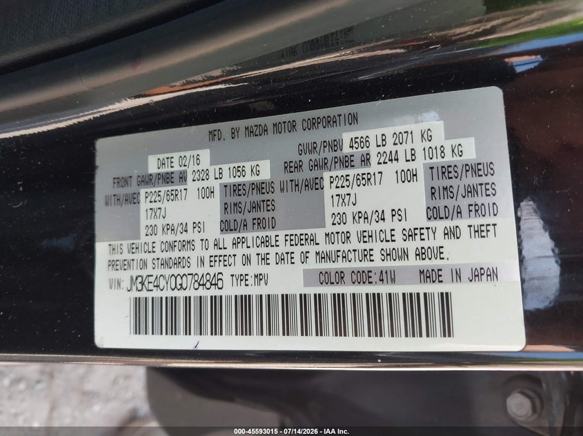 2016 Mazda Cx-5 VIN JM3KE4CY0G0784846 IAAI salvage auction — FRONT END, Mv-907A (New York), sold $3,150 on 2026-08-02 (photo 9)